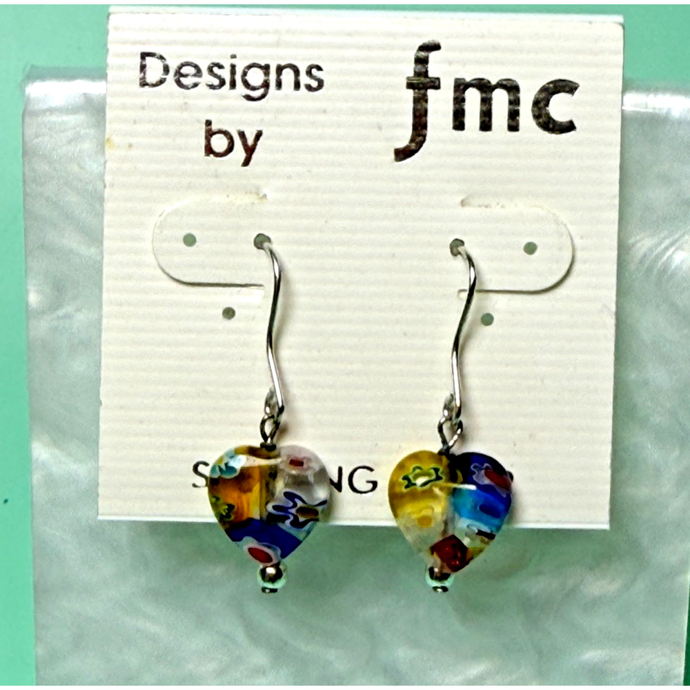 Sterling Silver Multicolored Millefiori Glass Heart Dangle Earrings fmc New NWT